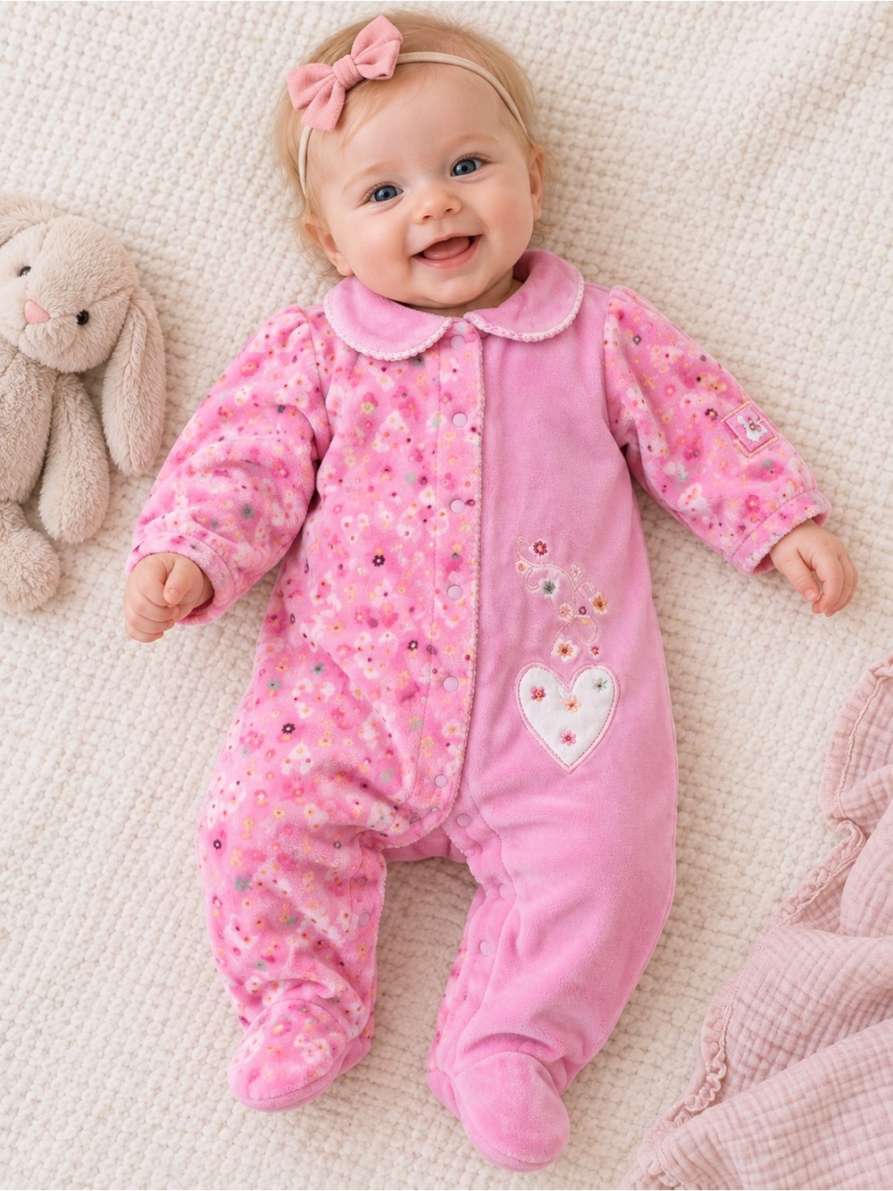 Vintage Carter’s Baby Girl Pink Heart Velour Sleeper Outfit Sz 3-6 months Y2K